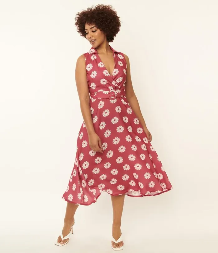 Pink and White Floral Print Midi Dress Dresses Unique Vintage Midi