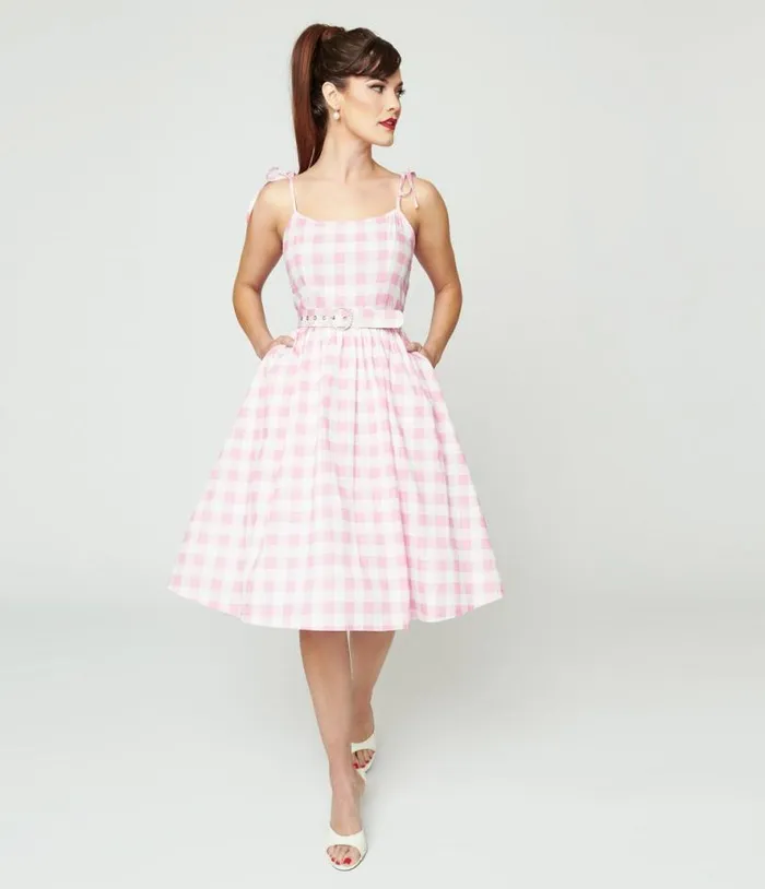 Pink and White Gingham Bobbie Swing Dress Dresses Unique Vintage Swing