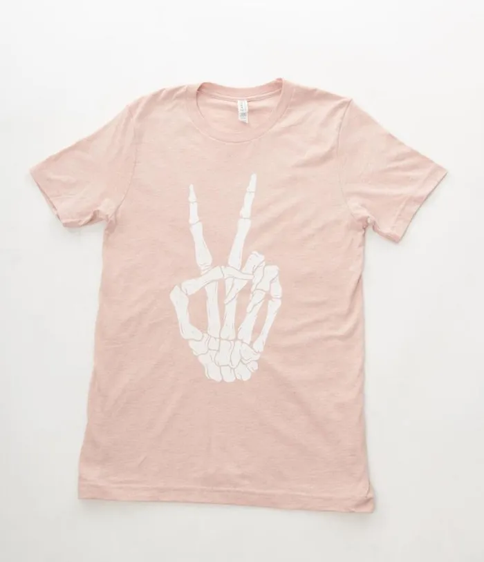 Pink and White Skeleton Peace Sign Unisex Graphic Tee ClothingHalloween Unique Vintage Graphic Tees Pink and White Skeleton Peace Sign Unisex Graphic Tee ClothingHalloween Unique Vintage Graphic Tees