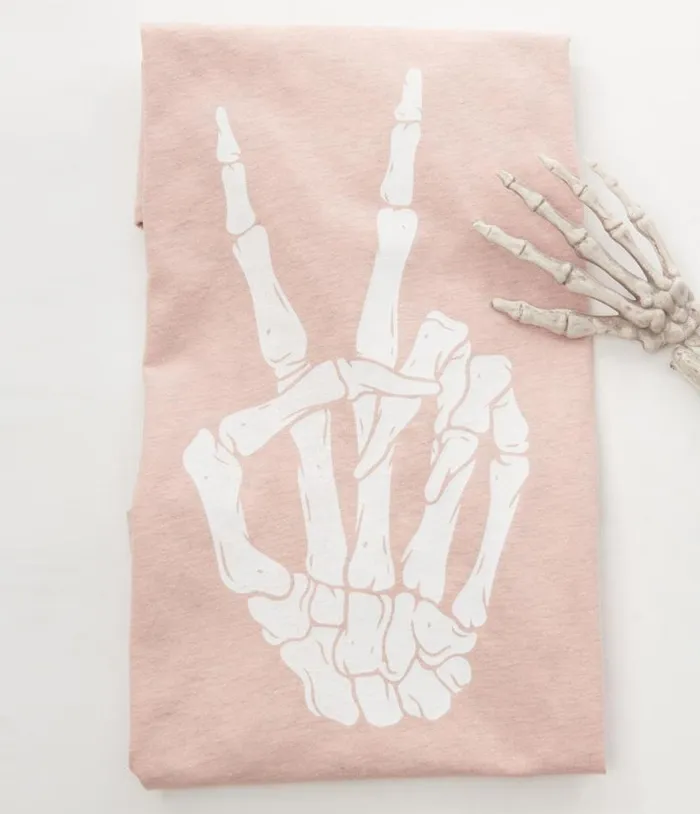Pink and White Skeleton Peace Sign Unisex Graphic Tee ClothingHalloween Unique Vintage Graphic Tees
