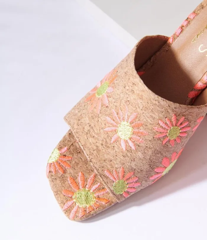 Pink Daisy Cork Mule Heels Shoes Unique Vintage Sandals