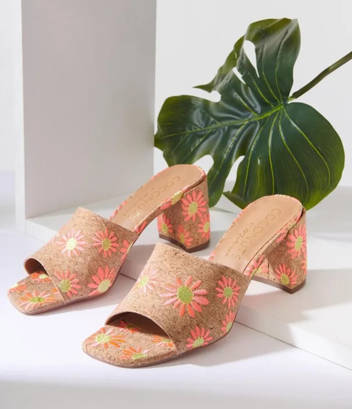 Pink Daisy Cork Mule Heels Shoes Unique Vintage Sandals