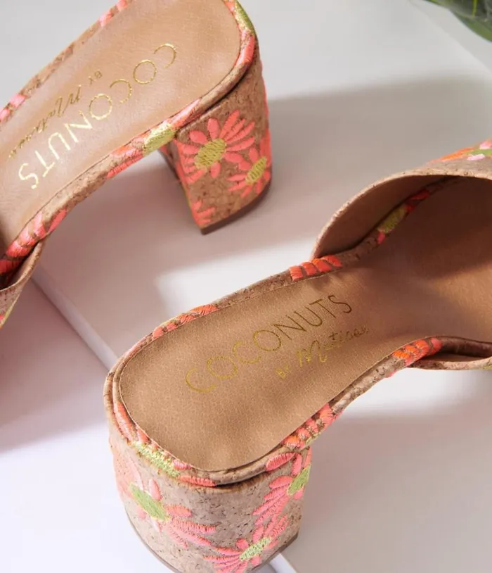 Pink Daisy Cork Mule Heels Shoes Unique Vintage Sandals