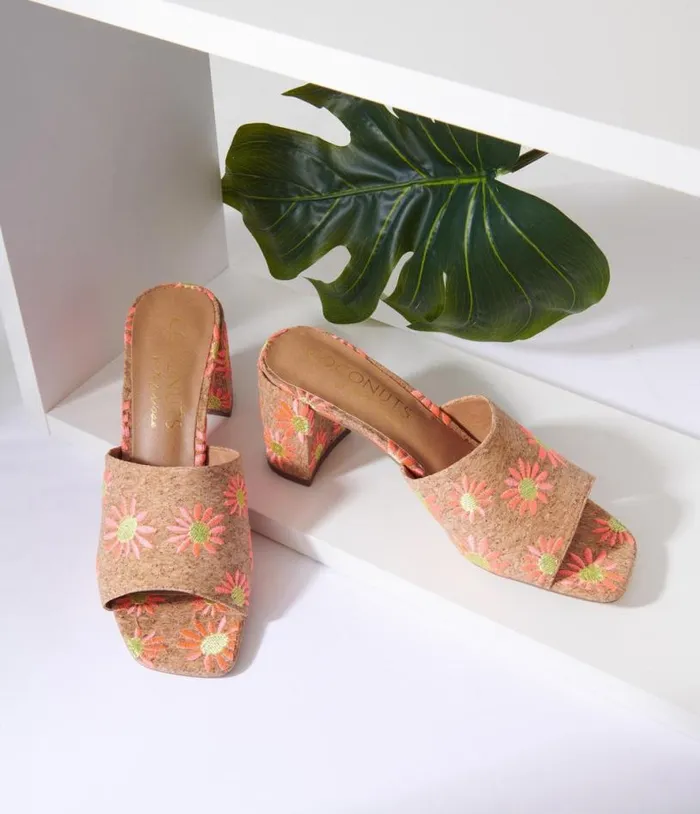 Pink Daisy Cork Mule Heels Shoes Unique Vintage Sandals