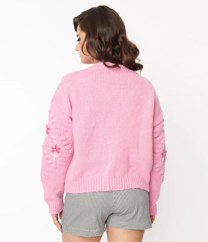 Pink Floral Cable Knit Cardigan Clothing Unique Vintage Sweaters and Cardigans