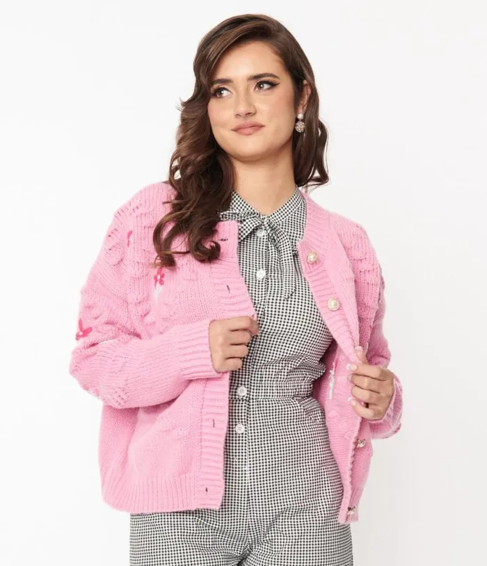 Pink Floral Cable Knit Cardigan Clothing Unique Vintage Sweaters and Cardigans