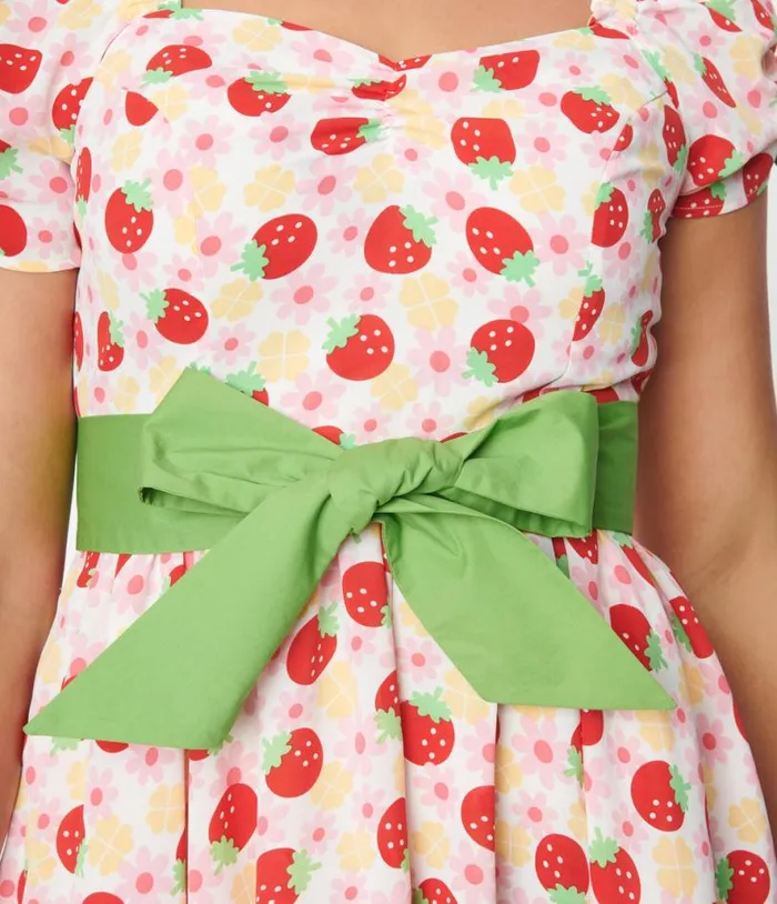 Pink Floral Strawberries Dakota Flare Dress DressesPlus Unique Vintage Pocket Dresses