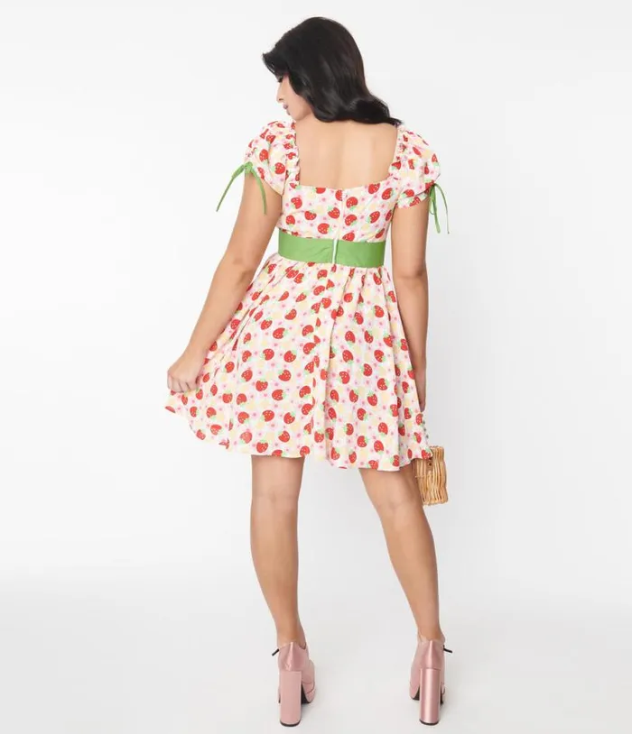 Pink Floral Strawberries Dakota Flare Dress DressesPlus Unique Vintage Pocket Dresses