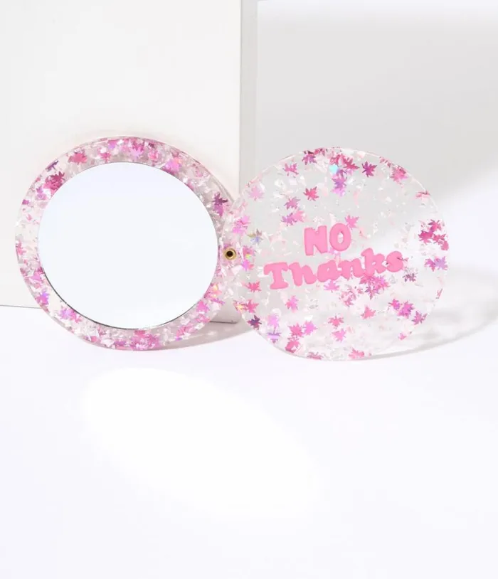 Pink No Thanks Glitter Compact Pocket Mirror Accessories Unique Vintage Beauty