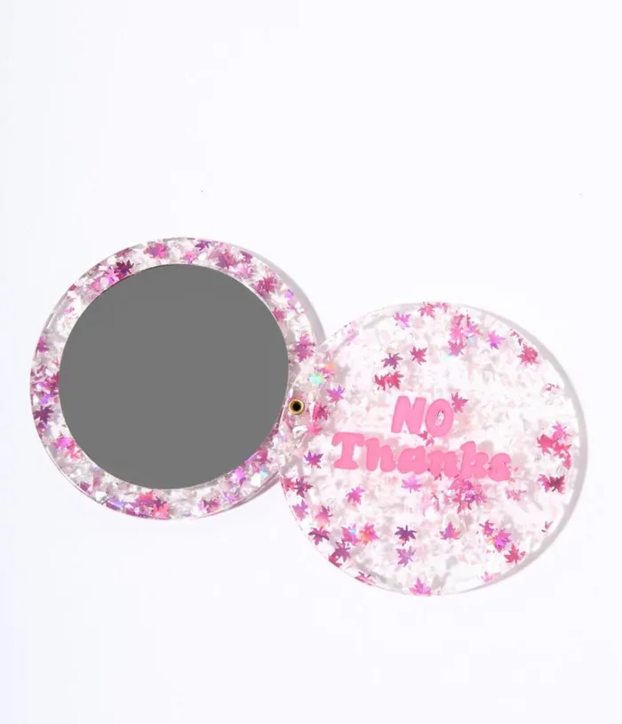 Pink No Thanks Glitter Compact Pocket Mirror Accessories Unique Vintage Beauty