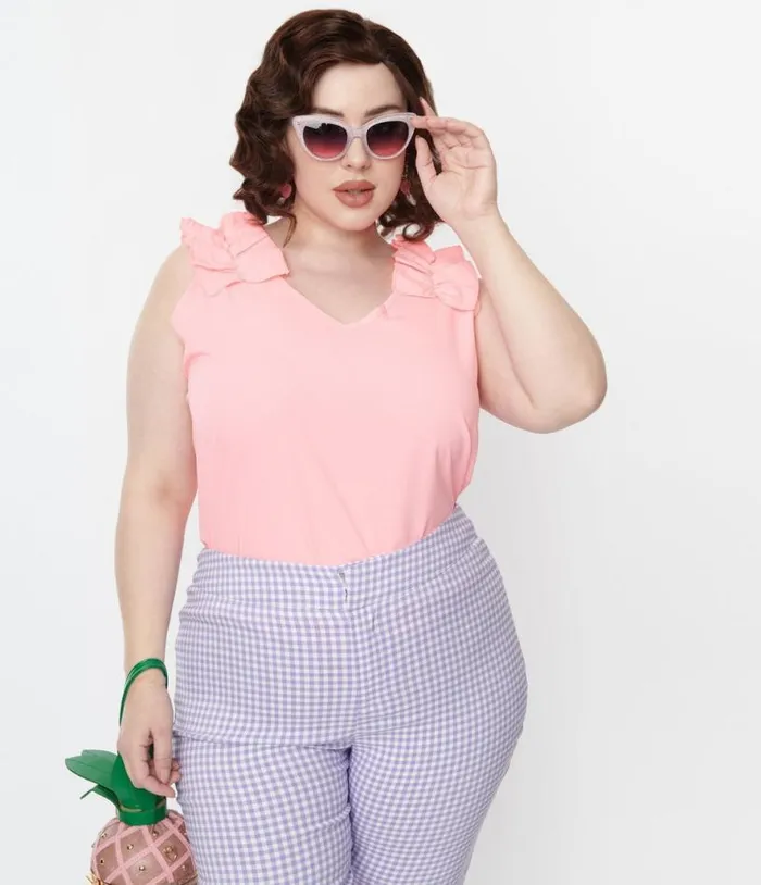 Pink Sleeveless Ruffled Trim Top Clothing Unique Vintage Blouses