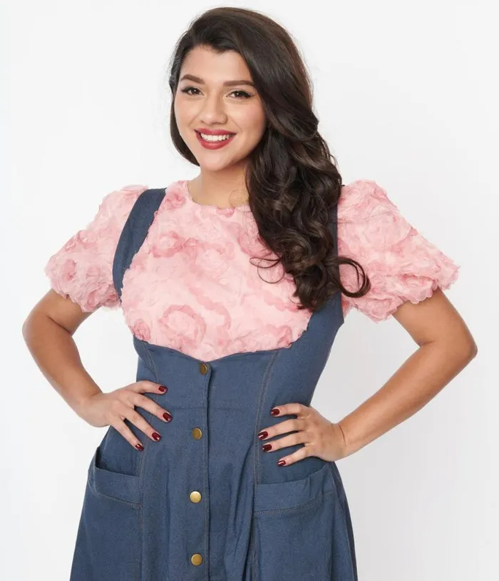 Pink Textured Floral Puff Sleeve Blouse ClothingPlus Unique Vintage Blouses Pink Textured Floral Puff Sleeve Blouse ClothingPlus Unique Vintage Blouses