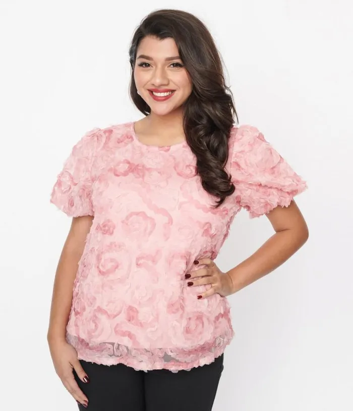 Pink Textured Floral Puff Sleeve Blouse ClothingPlus Unique Vintage Blouses