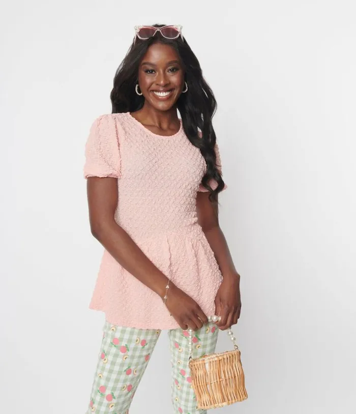 Pink Textured Peplum Blouse ClothingPlus Unique Vintage Blouses