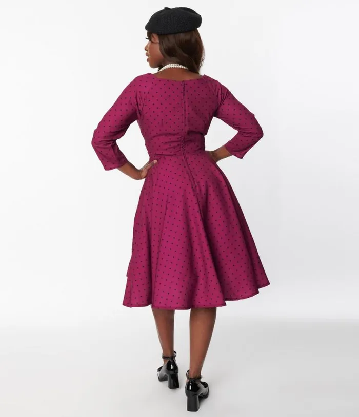 Plum and Black Polka Dot Genevieve Swing Dress DressesPlus Unique Vintage Pocket Dresses