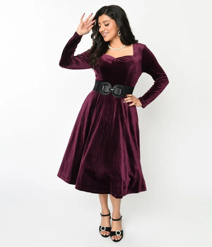 Plum Wine Velvet Swing Dress DressesPlus Unique Vintage Pocket Dresses