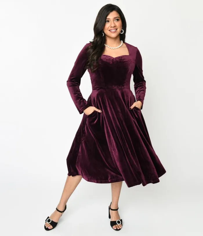 Plum Wine Velvet Swing Dress DressesPlus Unique Vintage Pocket Dresses