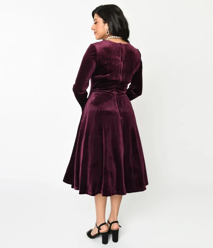 Plum Wine Velvet Swing Dress DressesPlus Unique Vintage Pocket Dresses