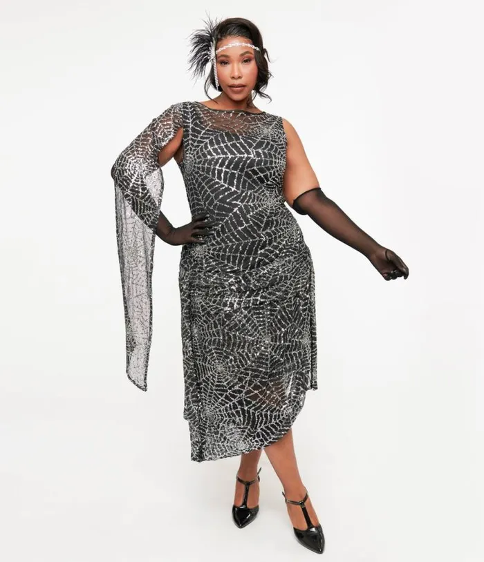 Plus Size 1920s Black and Silver Sequin Spider Web Draped Flapper Dress Halloween Unique Vintage Dresses Plus Size 1920s Black and Silver Sequin Spider Web Draped Flapper Dress Halloween Unique Vintage Dresses