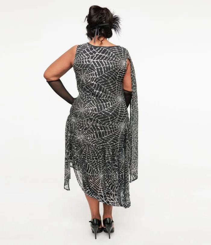 Plus Size 1920s Black and Silver Sequin Spider Web Draped Flapper Dress Halloween Unique Vintage Dresses
