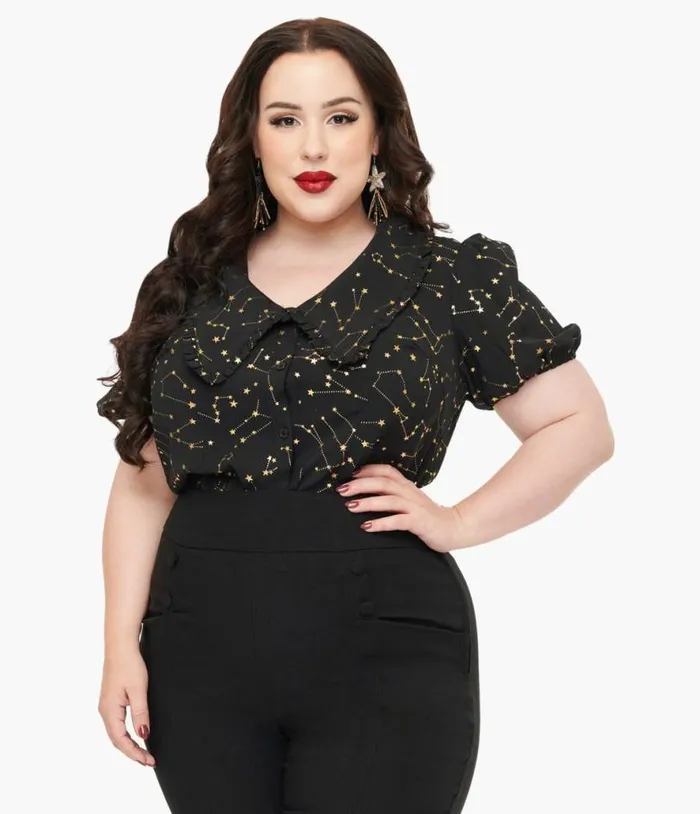 Plus Size 1930s Black and Gold Stars Oversized Collar Blouse ClothingPlus Unique Vintage Blouses Plus Size 1930s Black and Gold Stars Oversized Collar Blouse ClothingPlus Unique Vintage Blouses