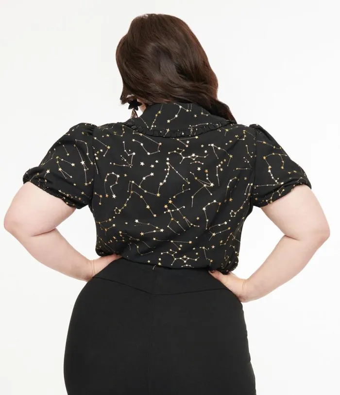 Plus Size 1930s Black and Gold Stars Oversized Collar Blouse ClothingPlus Unique Vintage Blouses