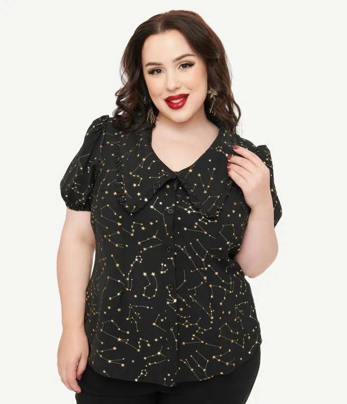 Plus Size 1930s Black and Gold Stars Oversized Collar Blouse ClothingPlus Unique Vintage Blouses