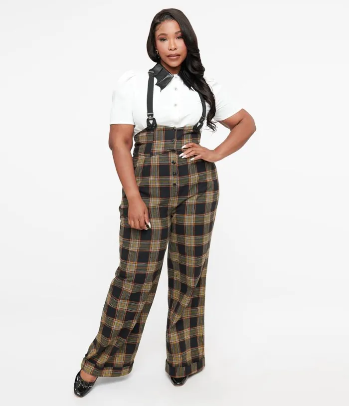 Plus Size 1930s Black and Orange Plaid Thelma Suspender Pants ClothingPlus Unique Vintage Pants Plus Size 1930s Black and Orange Plaid Thelma Suspender Pants ClothingPlus Unique Vintage Pants