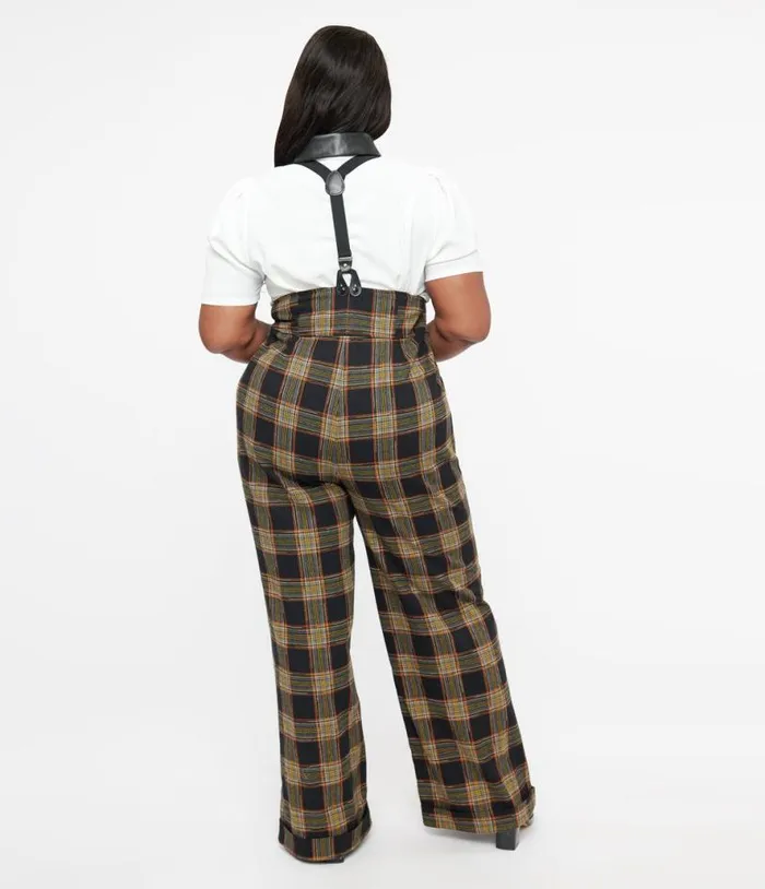 Plus Size 1930s Black and Orange Plaid Thelma Suspender Pants ClothingPlus Unique Vintage Pants