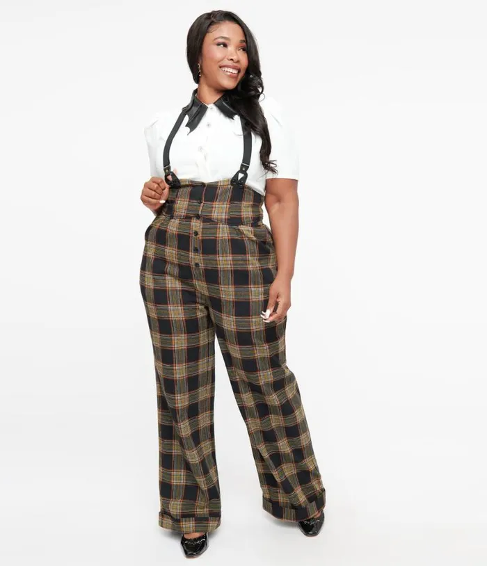 Plus Size 1930s Black and Orange Plaid Thelma Suspender Pants ClothingPlus Unique Vintage Pants