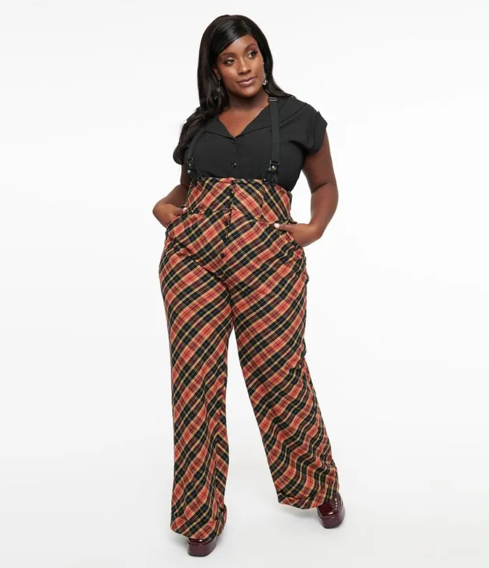 Plus Size 1930s Black and Rust Plaid Thelma Suspender Pants ClothingPlus Unique Vintage Pants Plus Size 1930s Black and Rust Plaid Thelma Suspender Pants ClothingPlus Unique Vintage Pants