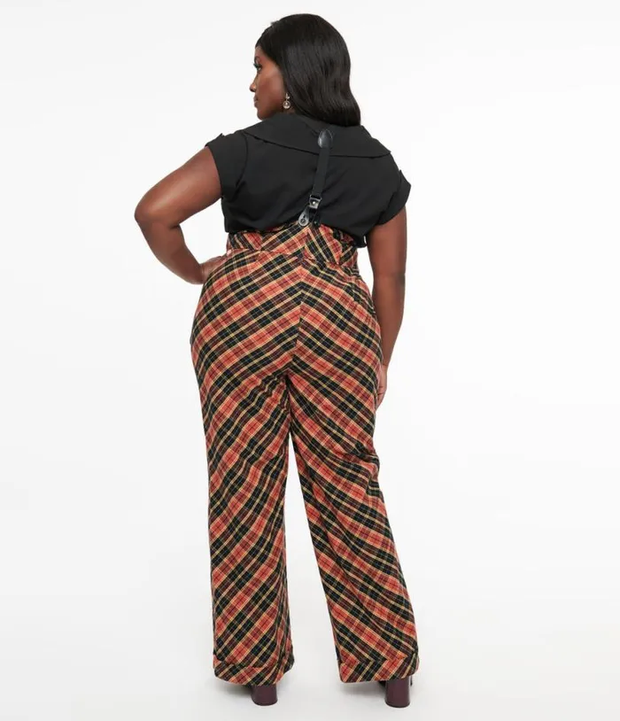 Plus Size 1930s Black and Rust Plaid Thelma Suspender Pants ClothingPlus Unique Vintage Pants