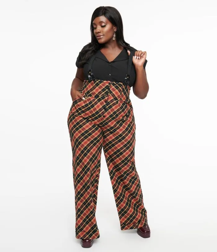 Plus Size 1930s Black and Rust Plaid Thelma Suspender Pants ClothingPlus Unique Vintage Pants