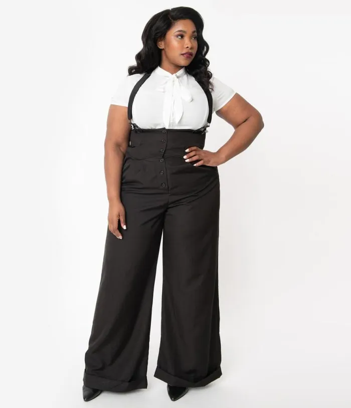 Plus Size 1930s Black Thelma Suspender Pants ClothingPlus Unique Vintage Pants Plus Size 1930s Black Thelma Suspender Pants ClothingPlus Unique Vintage Pants
