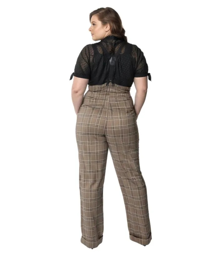 Plus Size 1930s Dark Beige Windowpane Thelma Suspender Pants ClothingPlus Unique Vintage Pants