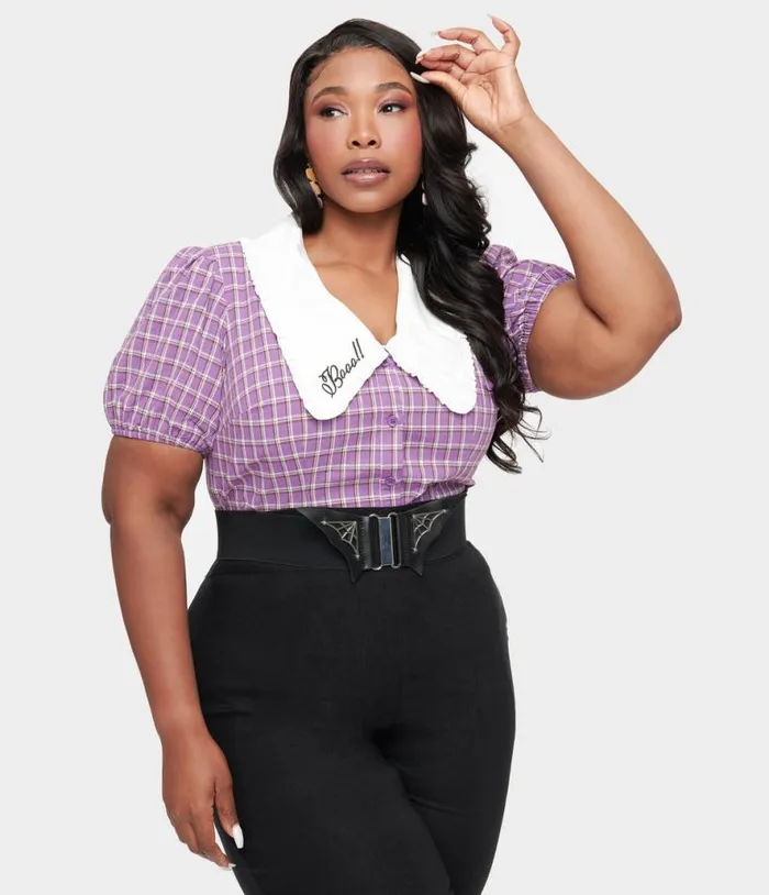 Plus Size 1930s Purple Plaid Oversized Collar Blouse ClothingHalloweenPlus Unique Vintage Tops Plus Size 1930s Purple Plaid Oversized Collar Blouse ClothingHalloweenPlus Unique Vintage Tops