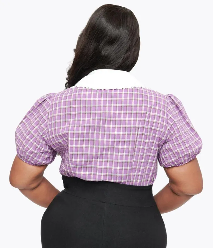Plus Size 1930s Purple Plaid Oversized Collar Blouse ClothingHalloweenPlus Unique Vintage Tops