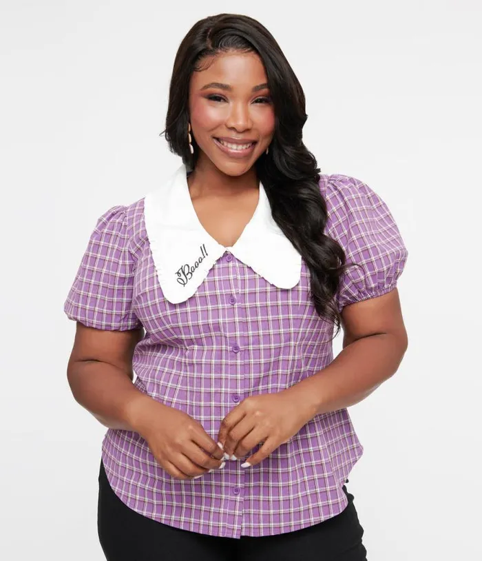 Plus Size 1930s Purple Plaid Oversized Collar Blouse ClothingHalloweenPlus Unique Vintage Tops