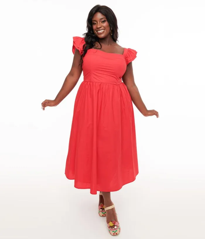 Plus Size 1930s Red Flutter Sleeve Poplin Midi Dress Dresses Unique Vintage Midi