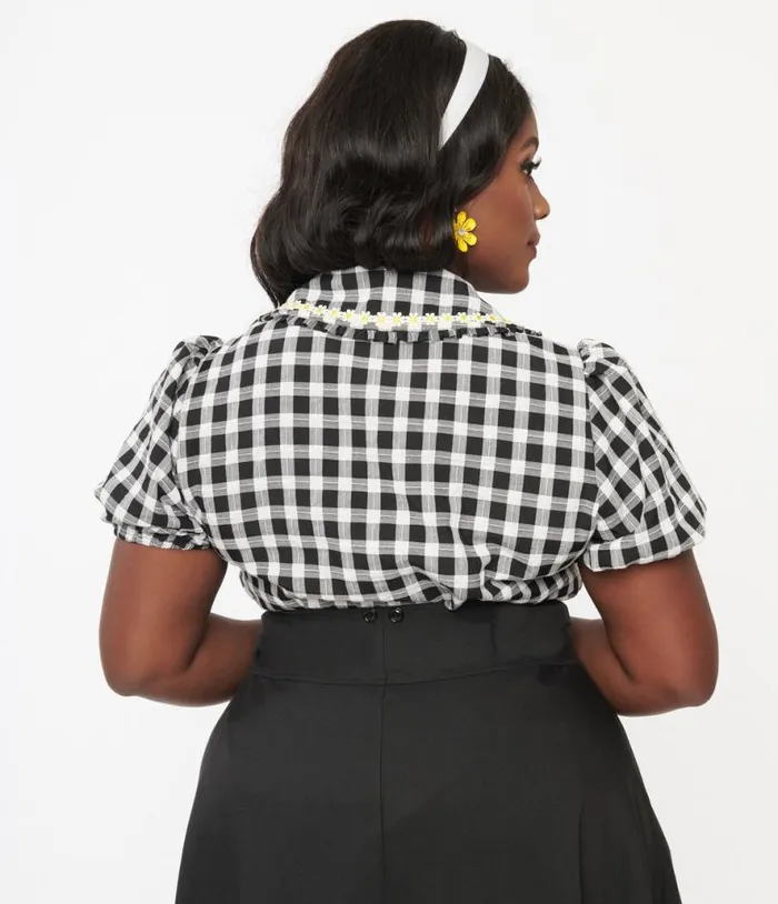 Plus Size 1930s White and Black Gingham Daisy Blouse ClothingPlus Unique Vintage Blouses