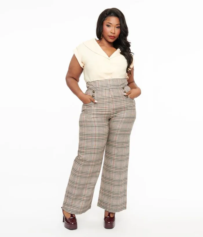 Plus Size 1940s Beige Plaid High Waist Sailor Ginger Pants ClothingPlus Unique Vintage Pants Plus Size 1940s Beige Plaid High Waist Sailor Ginger Pants ClothingPlus Unique Vintage Pants