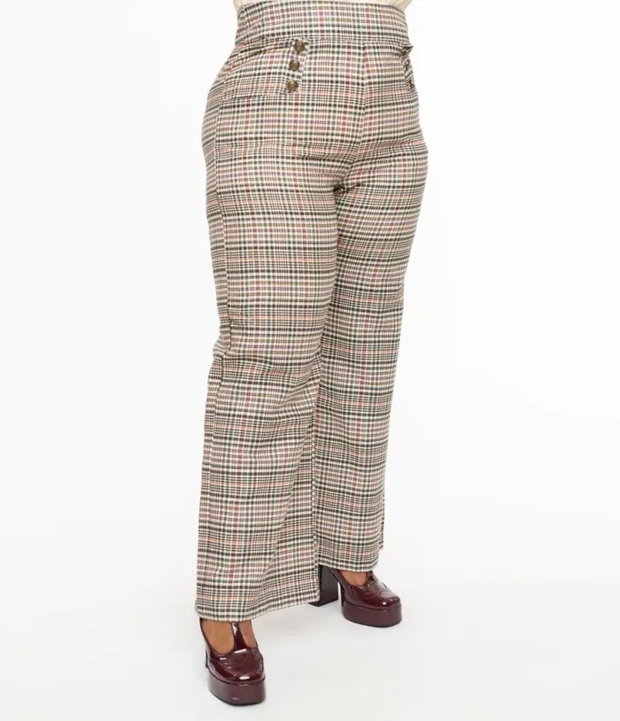 Plus Size 1940s Beige Plaid High Waist Sailor Ginger Pants ClothingPlus Unique Vintage Pants