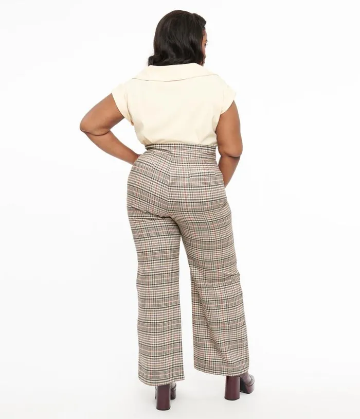 Plus Size 1940s Beige Plaid High Waist Sailor Ginger Pants ClothingPlus Unique Vintage Pants