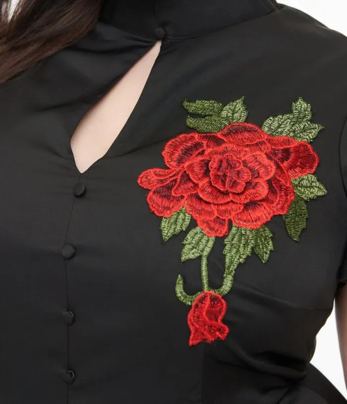 Plus Size 1940s Black and Red Poinsettia Baltimore Swing Dress DressesPlus Unique Vintage Swing