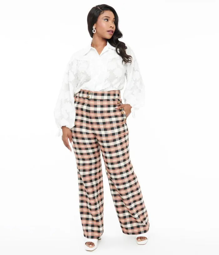 Plus Size 1940s Black and Tan Plaid Sailor Pants ClothingPlus Unique Vintage Pants Plus Size 1940s Black and Tan Plaid Sailor Pants ClothingPlus Unique Vintage Pants