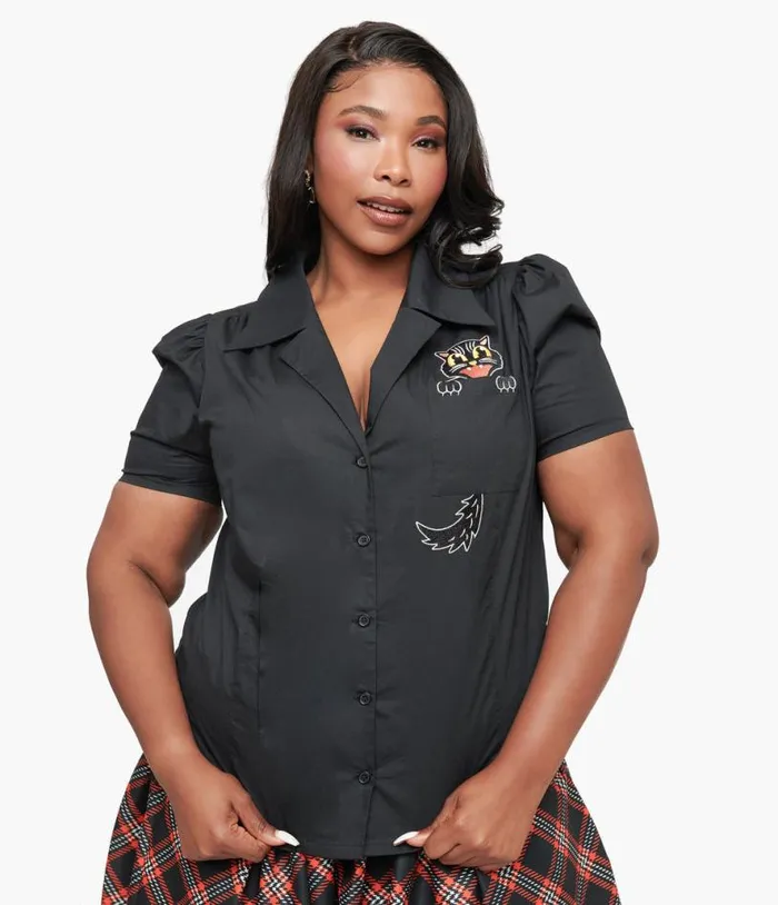 Plus Size 1940s Black Spooky Cat Cotton Blouse Halloween Unique Vintage Tops