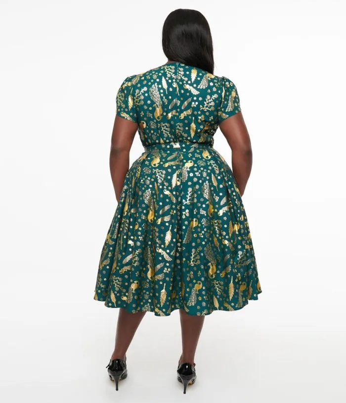 Plus Size 1940s Green and Gold Peacock Print Dahlia Swing Dress DressesPlus Unique Vintage Pocket Dresses