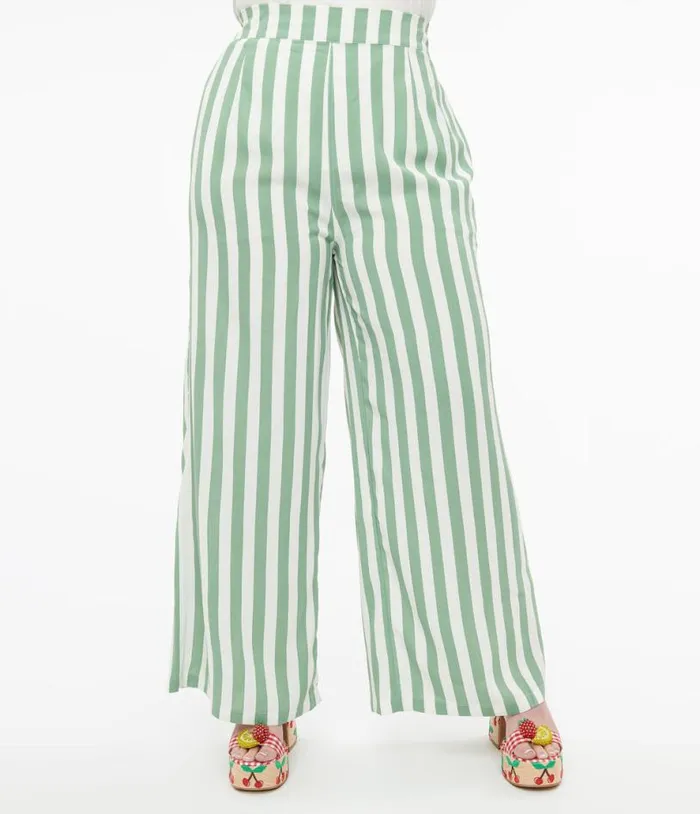 Plus Size 1940s Green and White Stripe Sally Trousers ClothingPlus Unique Vintage Pants