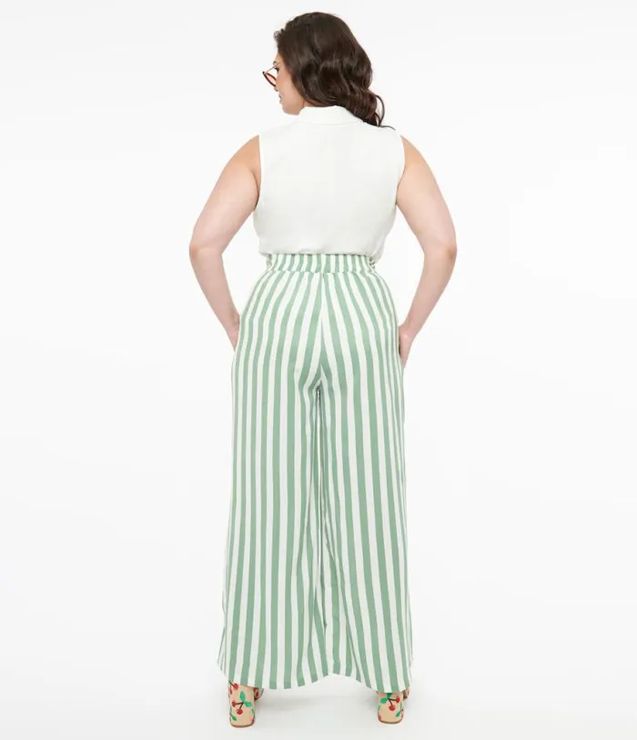 Plus Size 1940s Green and White Stripe Sally Trousers ClothingPlus Unique Vintage Pants