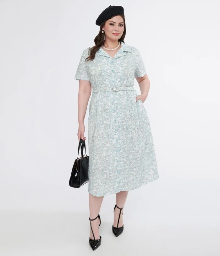 Plus Size 1940s Light Blue and White Cat Print Cotton Midi Dress Dresses Unique Vintage Pocket Dresses Plus Size 1940s Light Blue and White Cat Print Cotton Midi Dress Dresses Unique Vintage Pocket Dresses